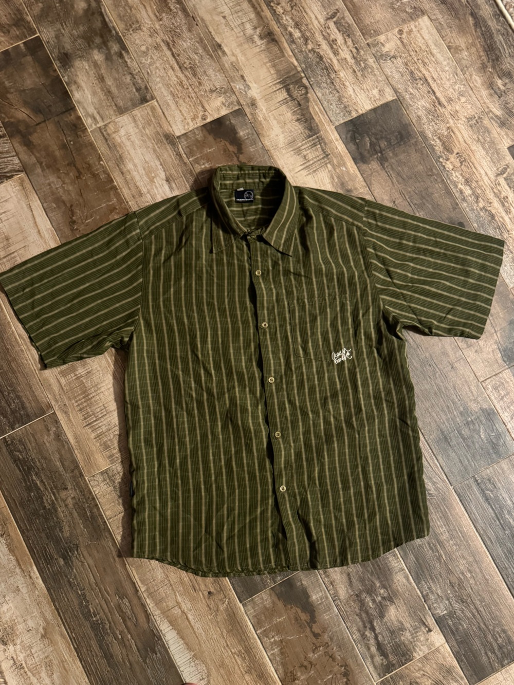 Men's Olive Green Short-Sleeve Striped Button-Down Shirt